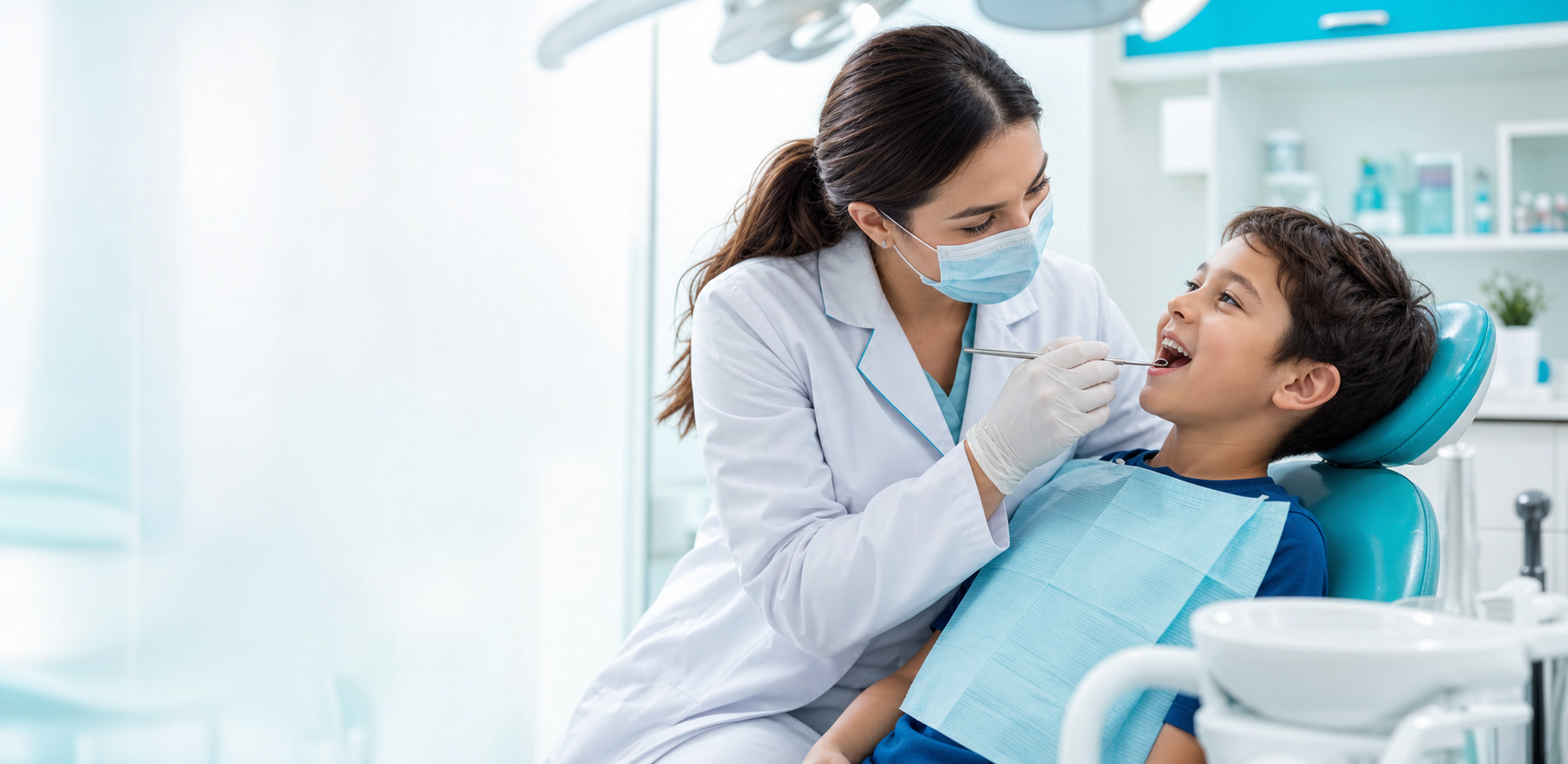 Dentista atendendo uma criança em cadeira odontológica